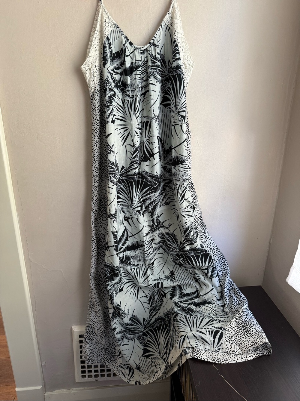 Aerie Tropical Palm Print Crochet Lace Maxi Dress Cotton Boho Size M Rare